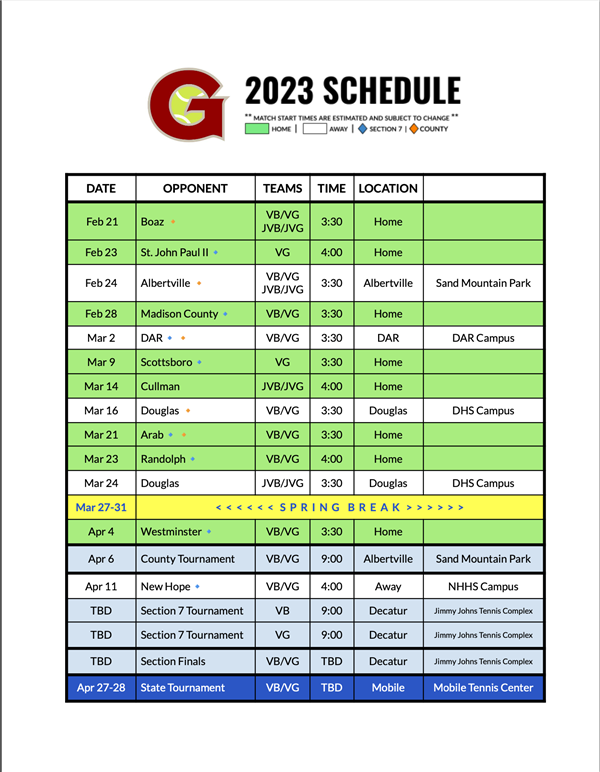 2023 Tennis Schedule